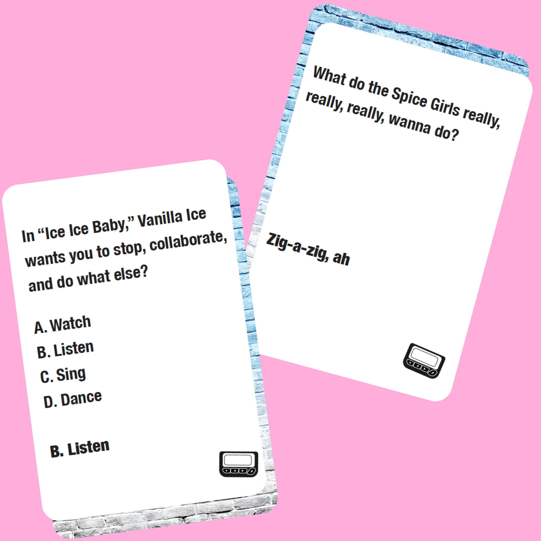Lyrically Correct card game featuring music trivia questions printed on white cards with blue textured borders